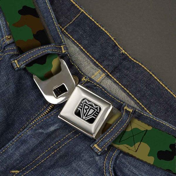 Buckle Down BD Wings Logo CLOSE-UP Full Color Black Silver Seatbelt Belt - Camo Olive Webbing