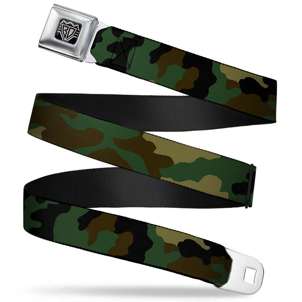 buckle down BD Wings Logo CLOSE-UP Full Color Black Silver Seatbelt Belt - Camo Olive Webbing