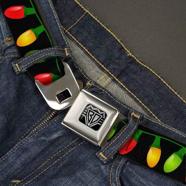 Buckle Down BD Wings Logo CLOSE-UP Full Color Black Silver Seatbelt Belt - Christmas Lights Black/Multi Color Webbing