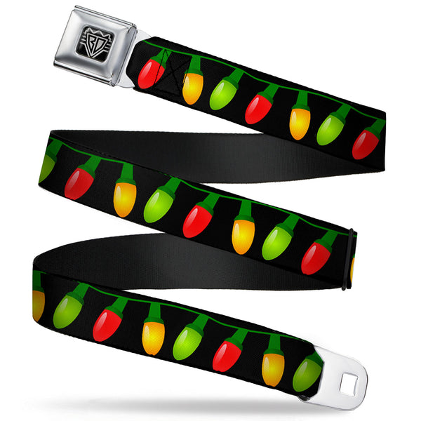 buckle down BD Wings Logo CLOSE-UP Full Color Black Silver Seatbelt Belt - Christmas Lights Black/Multi Color Webbing