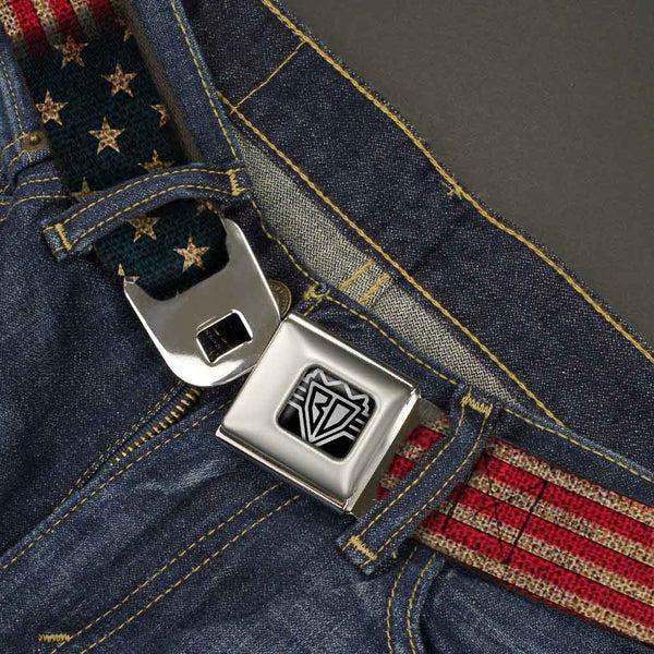 Buckle Down BD Wings Logo CLOSE-UP Full Color Black Silver Seatbelt Belt - Vintage US Flag Stretch Webbing