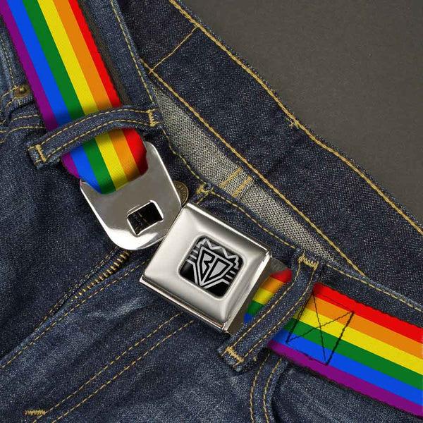 Buckle Down BD Wings Logo CLOSE-UP Full Color Black Silver Seatbelt Belt - Flag Pride Rainbow Webbing