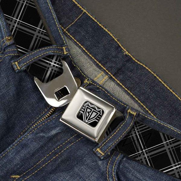 Buckle Down BD Wings Logo CLOSE-UP Full Color Black Silver Seatbelt Belt - Plaid X Black/Gray Webbing