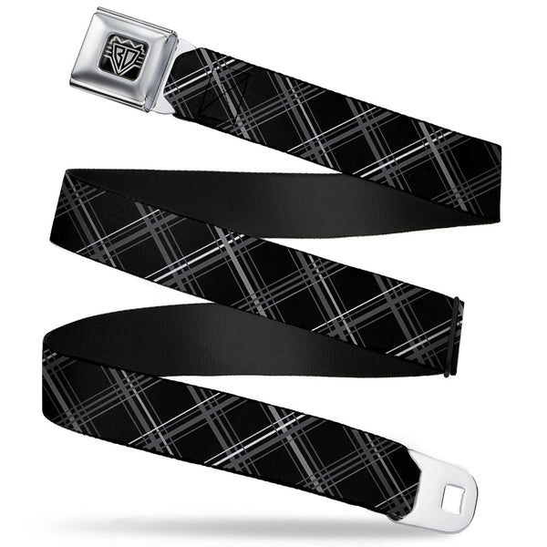 buckle down BD Wings Logo CLOSE-UP Full Color Black Silver Seatbelt Belt - Plaid X Black/Gray Webbing