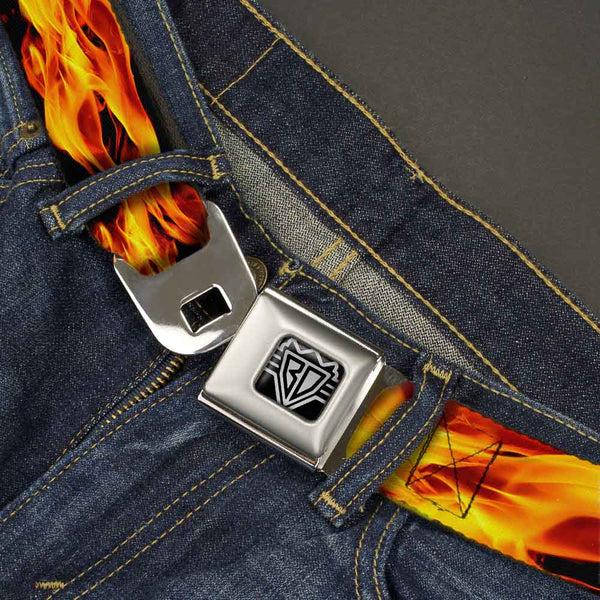Buckle Down BD Wings Logo CLOSE-UP Full Color Black Silver Seatbelt Belt - Flames Vivid Black/Orange Webbing