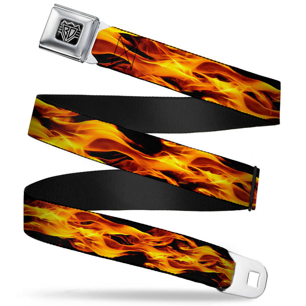buckle down BD Wings Logo CLOSE-UP Full Color Black Silver Seatbelt Belt - Flames Vivid Black/Orange Webbing