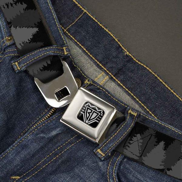 Buckle Down BD Wings Logo CLOSE-UP Full Color Black Silver Seatbelt Belt - Pine Tree Silhouettes Black/Grays Webbing