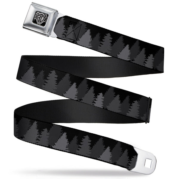 buckle down BD Wings Logo CLOSE-UP Full Color Black Silver Seatbelt Belt - Pine Tree Silhouettes Black/Grays Webbing