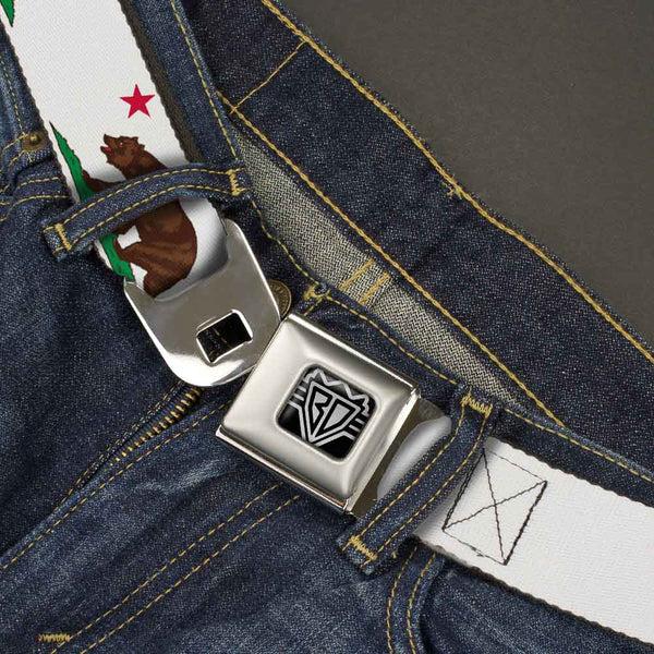 Buckle Down BD Wings Logo CLOSE-UP Full Color Black Silver Seatbelt Belt - Cali Bear White Webbing