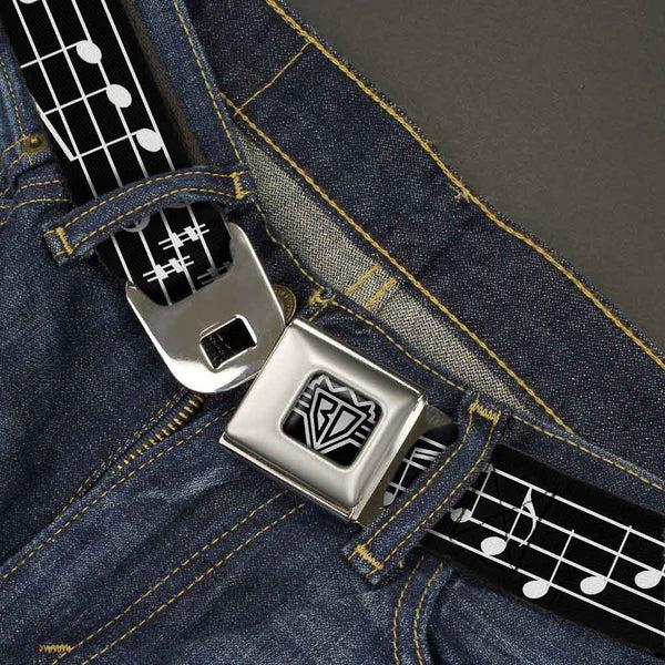 Buckle Down BD Wings Logo CLOSE-UP Full Color Black Silver Seatbelt Belt - Music Notes Black/White Webbing