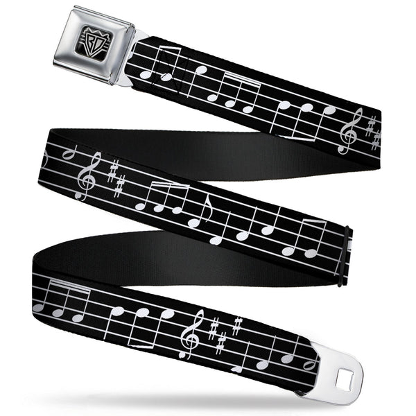 buckle down BD Wings Logo CLOSE-UP Full Color Black Silver Seatbelt Belt - Music Notes Black/White Webbing