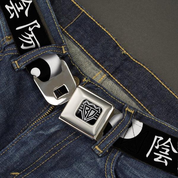 Buckle Down BD Wings Logo CLOSE-UP Full Color Black Silver Seatbelt Belt - Yin Yang Symbol CLOSE-UP/Characters Black/White Webbing