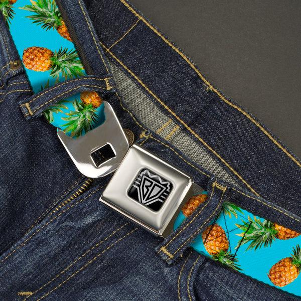 Buckle Down BD Wings Logo CLOSE-UP Full Color Black Silver Seatbelt Belt - Vivid Pineapples Scattered Blue Webbing