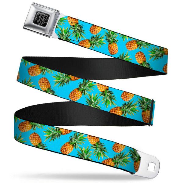 buckle down BD Wings Logo CLOSE-UP Full Color Black Silver Seatbelt Belt - Vivid Pineapples Scattered Blue Webbing