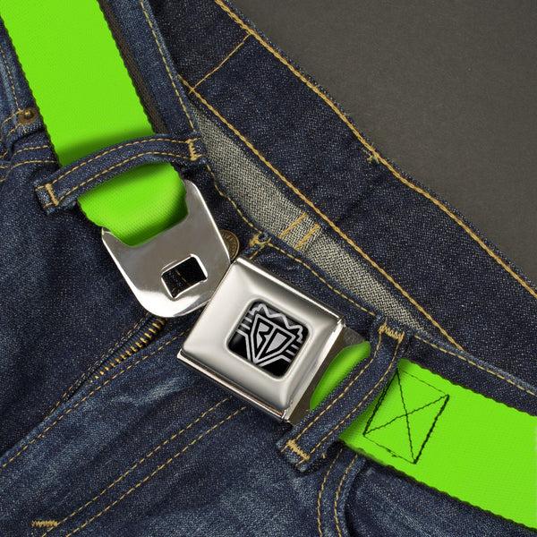 Buckle Down BD Wings Logo CLOSE-UP Full Color Black Silver Seatbelt Belt - Neon Green Webbing