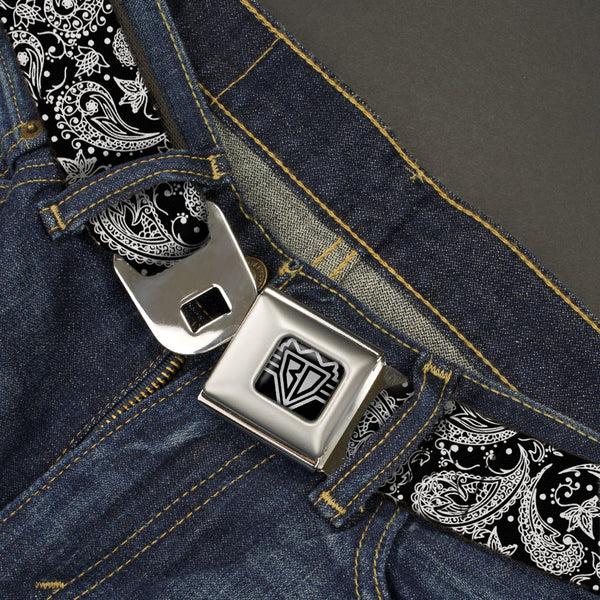 Buckle Down BD Wings Logo CLOSE-UP Full Color Black Silver Seatbelt Belt - Floral Paisley Black/White Webbing