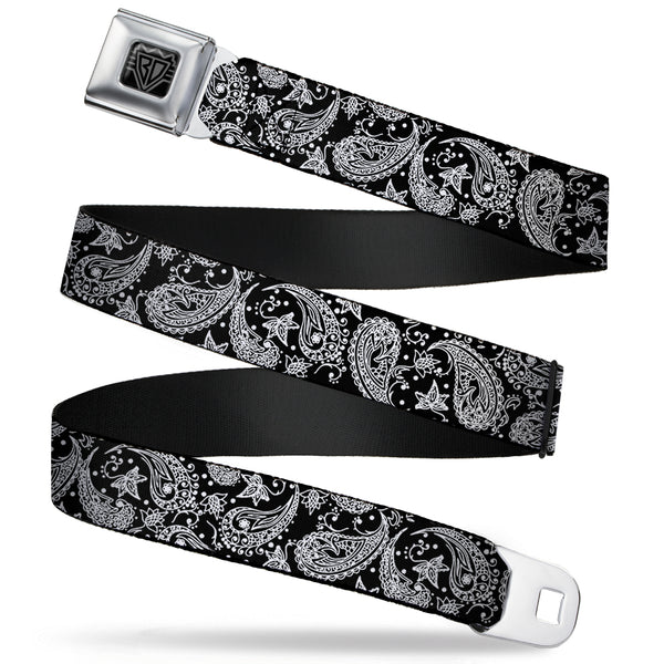 buckle down BD Wings Logo CLOSE-UP Full Color Black Silver Seatbelt Belt - Floral Paisley Black/White Webbing