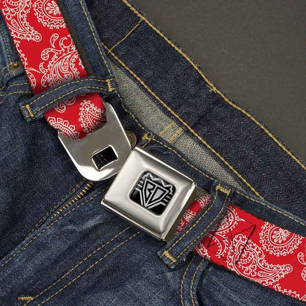 Buckle Down BD Wings Logo CLOSE-UP Full Color Black Silver Seatbelt Belt - Paisley Red/White Webbing