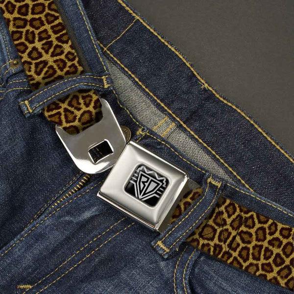 Buckle Down BD Wings Logo CLOSE-UP Full Color Black Silver Seatbelt Belt - Leopard Brown Webbing