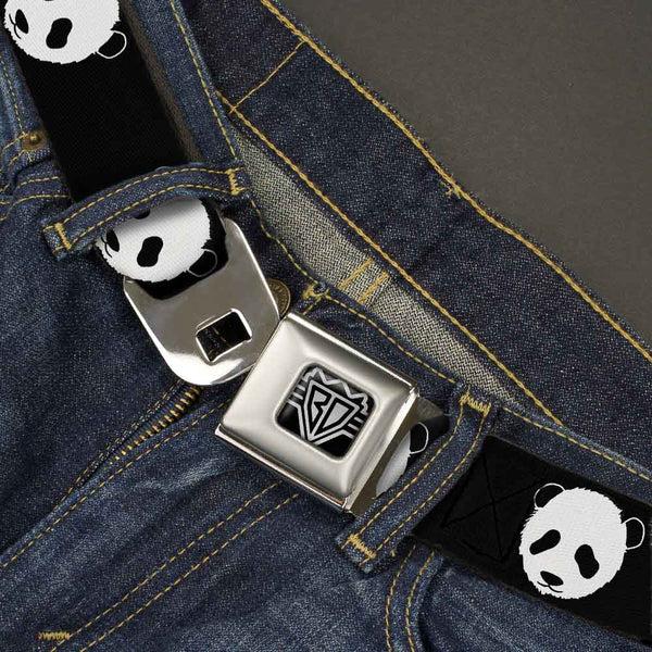 Buckle Down BD Wings Logo CLOSE-UP Full Color Black Silver Seatbelt Belt - Panda Bear Repeat Webbing