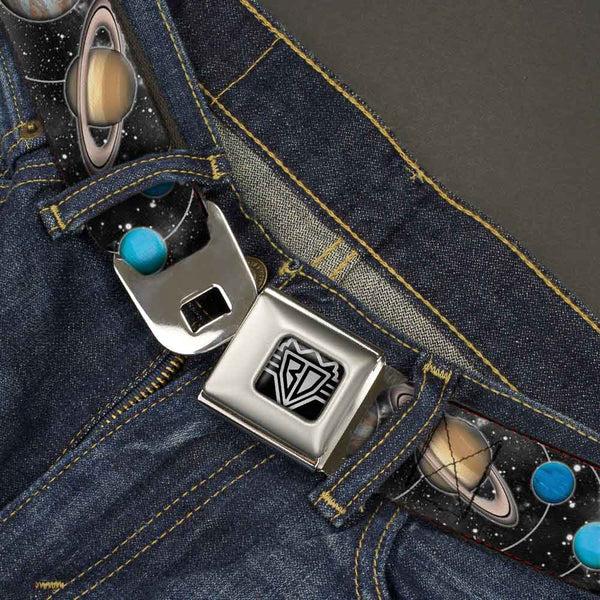 Buckle Down BD Wings Logo CLOSE-UP Full Color Black Silver Seatbelt Belt - Solar System Sun/Planets/Stars Webbing