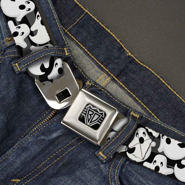 Buckle Down BD Wings Logo CLOSE-UP Full Color Black Silver Seatbelt Belt - Ghosts Scattered Black/White Webbing