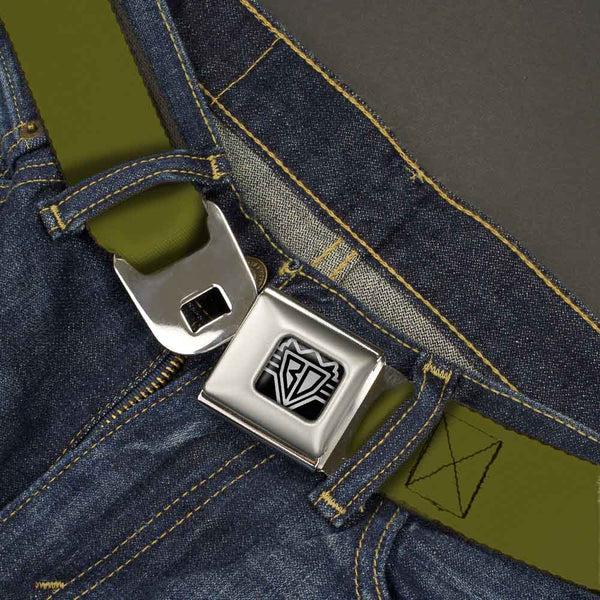 Buckle Down BD Wings Logo CLOSE-UP Full Color Black Silver Seatbelt Belt - Olive Webbing