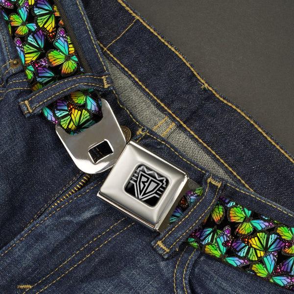 Buckle Down BD Wings Logo CLOSE-UP Full Color Black Silver Seatbelt Belt - Vivid Butterfly Garden2 Black/Multi Color Webbing