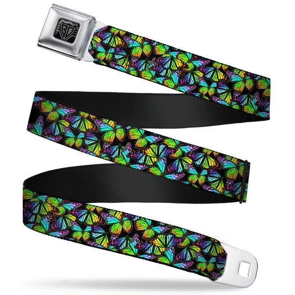 buckle down BD Wings Logo CLOSE-UP Full Color Black Silver Seatbelt Belt - Vivid Butterfly Garden2 Black/Multi Color Webbing