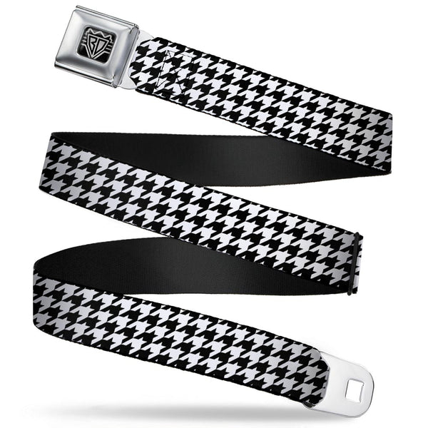 buckle down BD Wings Logo CLOSE-UP Full Color Black Silver Seatbelt Belt - Houndstooth Black/White Webbing