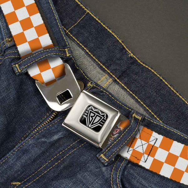 Buckle Down BD Wings Logo CLOSE-UP Full Color Black Silver Seatbelt Belt - Checker White/TN Orange Webbing