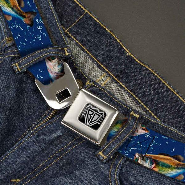 Buckle Down BD Wings Logo CLOSE-UP Full Color Black Silver Seatbelt Belt - Bass Fish/Water Bubbles Webbing