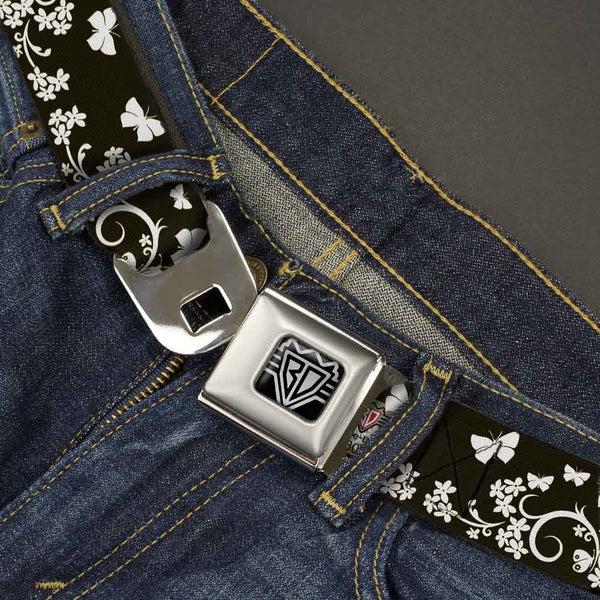 Buckle Down BD Wings Logo CLOSE-UP Full Color Black Silver Seatbelt Belt - Butterfly Garden Black/White Webbing