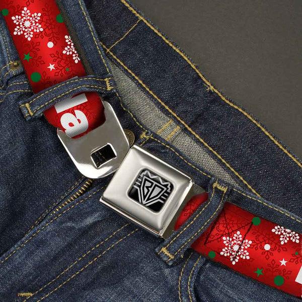 Buckle Down BD Wings Logo CLOSE-UP Full Color Black Silver Seatbelt Belt - Christmas NAUGHTY OR NICE/Snowflakes Reds/White/Green Webbing