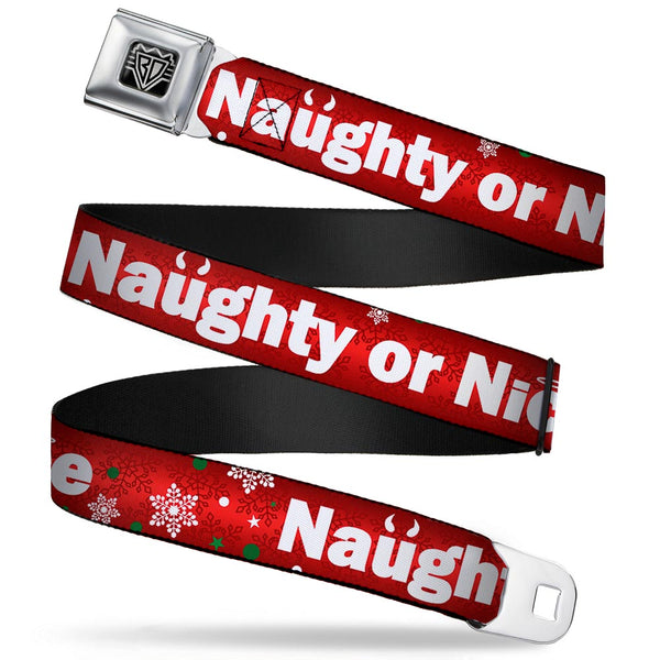 buckle down BD Wings Logo CLOSE-UP Full Color Black Silver Seatbelt Belt - Christmas NAUGHTY OR NICE/Snowflakes Reds/White/Green Webbing