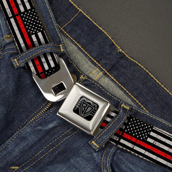 Buckle Down BD Wings Logo CLOSE-UP Full Color Black Silver Seatbelt Belt - Thin Red Line Flag Weathered Black/Gray/Red Webbing
