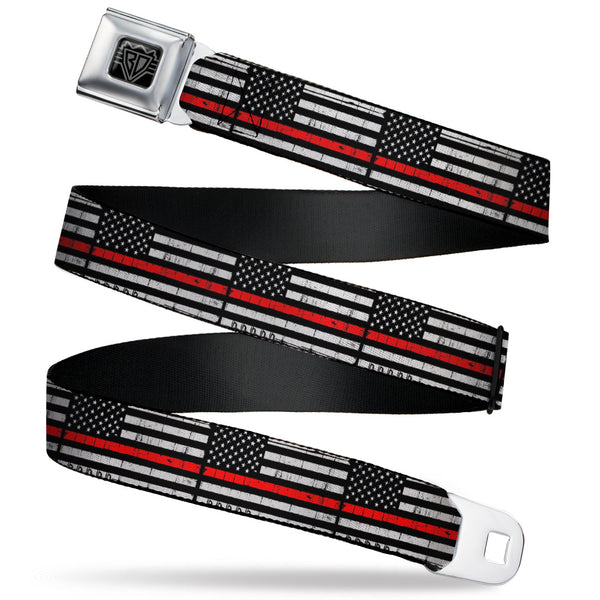 buckle down BD Wings Logo CLOSE-UP Full Color Black Silver Seatbelt Belt - Thin Red Line Flag Weathered Black/Gray/Red Webbing