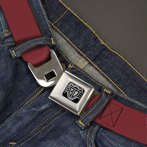 Buckle Down BD Wings Logo CLOSE-UP Full Color Black Silver Seatbelt Belt - Burgundy Webbing