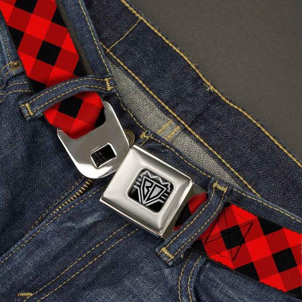 Buckle Down BD Wings Logo CLOSE-UP Full Color Black Silver Seatbelt Belt - Diagonal Buffalo Plaid Black/Red Webbing