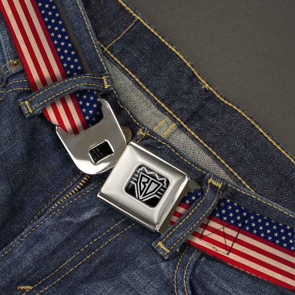 Buckle Down BD Wings Logo CLOSE-UP Full Color Black Silver Seatbelt Belt - American Flag Stripe Webbing