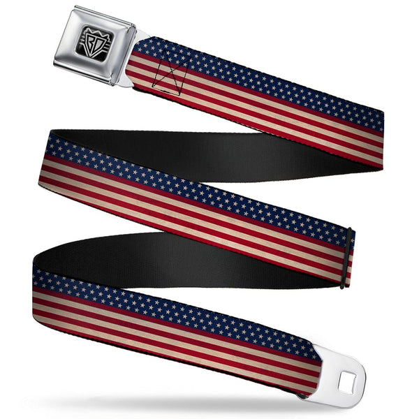 buckle down BD Wings Logo CLOSE-UP Full Color Black Silver Seatbelt Belt - American Flag Stripe Webbing