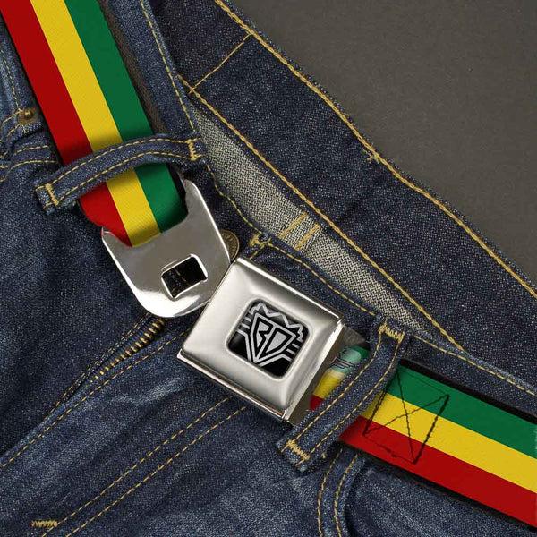 Buckle Down BD Wings Logo CLOSE-UP Full Color Black Silver Seatbelt Belt - Rasta Webbing