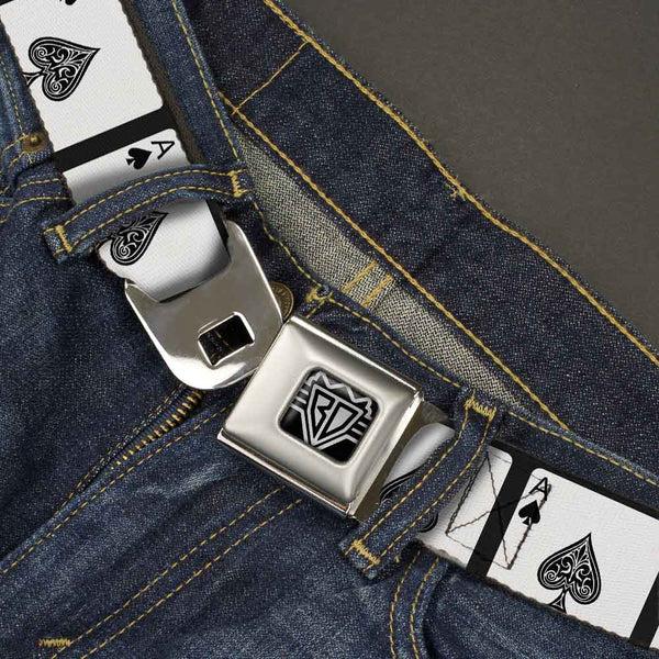 Buckle Down BD Wings Logo CLOSE-UP Full Color Black Silver Seatbelt Belt - Ace Of Spades Webbing