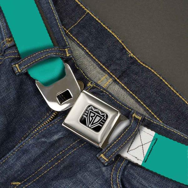 Buckle Down BD Wings Logo CLOSE-UP Full Color Black Silver Seatbelt Belt - Teal Webbing