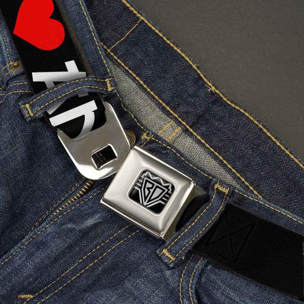 Buckle Down BD Wings Logo CLOSE-UP Full Color Black Silver Seatbelt Belt - I "Heart" ANIME Bold Black/White/Red Webbing
