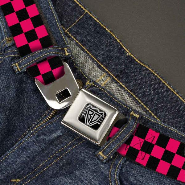 Buckle Down BD Wings Logo CLOSE-UP Full Color Black Silver Seatbelt Belt - Checker Black/Neon Pink Webbing