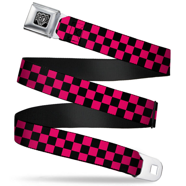 buckle down BD Wings Logo CLOSE-UP Full Color Black Silver Seatbelt Belt - Checker Black/Neon Pink Webbing
