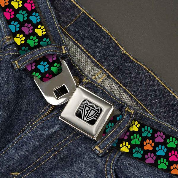 Buckle Down BD Wings Logo CLOSE-UP Full Color Black Silver Seatbelt Belt - Paw Print Black/Multi Color Webbing