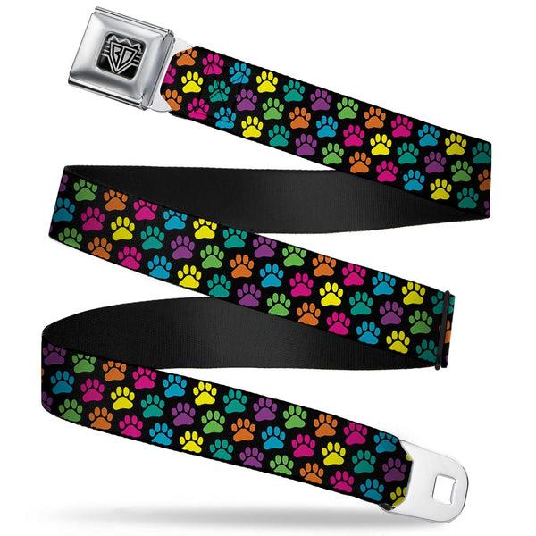 buckle down BD Wings Logo CLOSE-UP Full Color Black Silver Seatbelt Belt - Paw Print Black/Multi Color Webbing