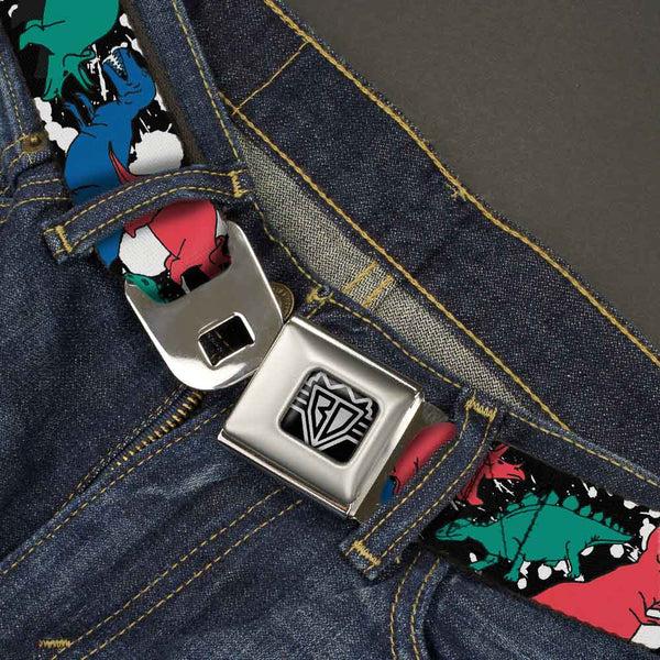 Buckle Down BD Wings Logo CLOSE-UP Full Color Black Silver Seatbelt Belt - Dinosaurs/Paint Splatter Black/White/Multi Color Webbing